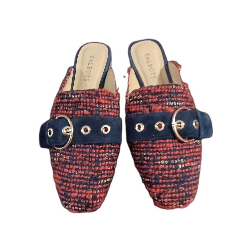 Talbots Stella Tweed Mules in a red and navy multicolor boucle Sz.6.5
